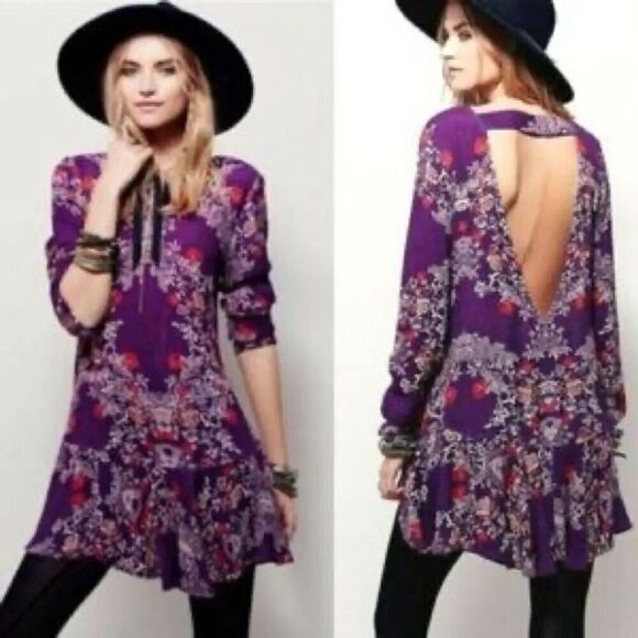 Free People Tops - Free People Tunic Dress Small Smooth Talker Open V Back Long Sleeve Plumbery